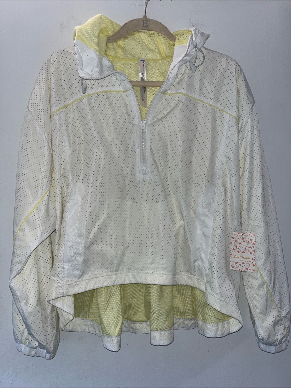 Free People White and Pale Yellow Perforated Hooded Pullover